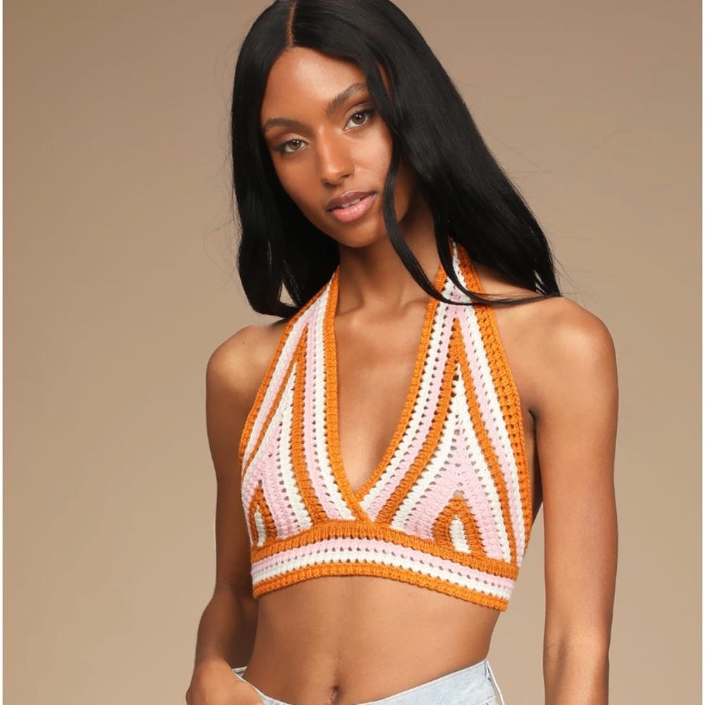 Lulu's Groovy Vibes Cream Multi Knit Halter Cropped Sweater Tank - NWT